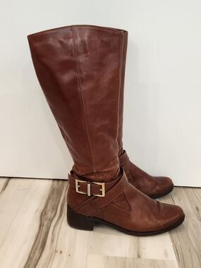 Karen Millen London Brown Leather Knee-High Riding Boots with Buckle